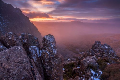 Storm emerging from around the corner at sunset over Ben Lomond storm, Ben Lomond, Tasmania