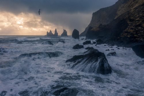 Tough flight for my drone flying through rain and snow as well as the usual winds at Vik Vik, Iceland