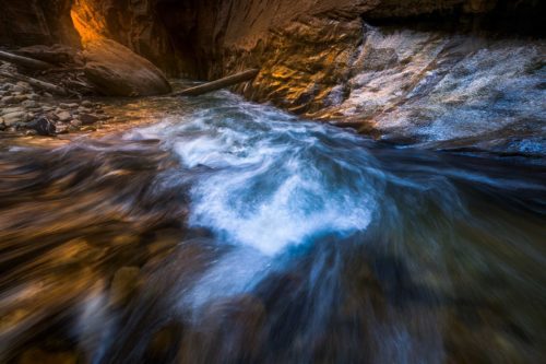 Reflected light and icy walls captured during a frigid hike through the Narrows in winter The Narrows, Zion NP, Utah