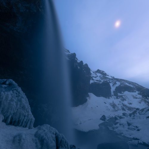 Just myself, the moon and a waterfall in Iceland Iceland, Kvernufoss