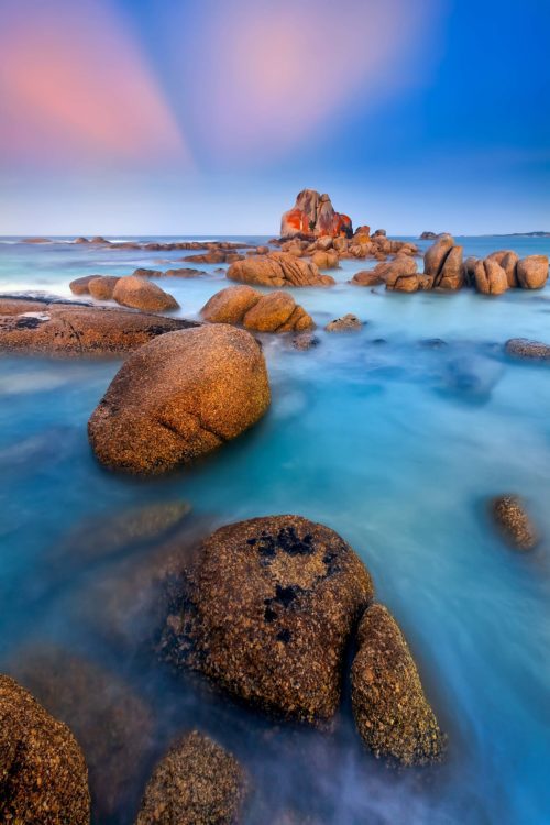 Rare anti crepuscular rays at a fantastic sunset on my first visit to Mount William NP Picnic Rocks, Bay of Fires, Mount William NP, Tasmania