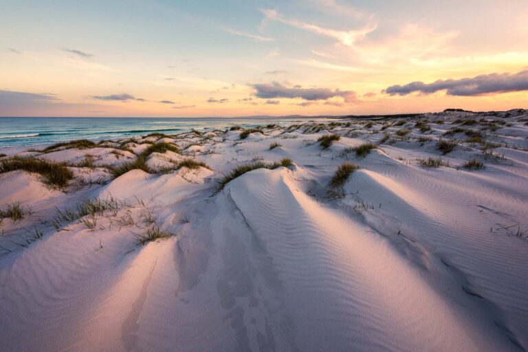 Sunset light kissing the dunes of the Bay of Fires Bay of Fires, Tasmania, sand dunes