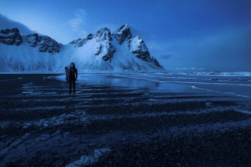 Self portrait from my happy place, blue hour after an afternoon surf under the photogenic peak of Vestrahorn Iceland, Stokksnes, Vestrahorn, surf