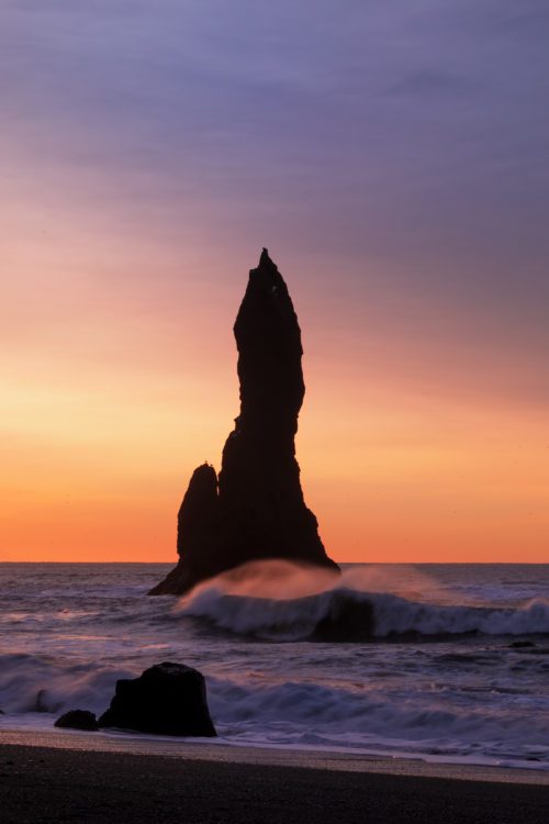 Can you spot the birds on one of the impressive rock stacks off Reynisfjara beach? reynisfjara, Iceland, Vik