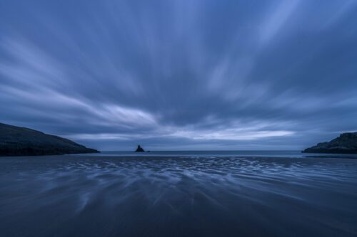 Blue hour long exposure at a beach along the Pembrokeshire coast Wales, Pembrokeshire, broadhaven beach