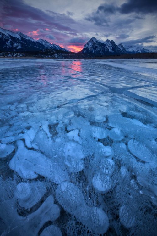 Fiery sunrise at Abraham Lake Abraham Lake, Canada