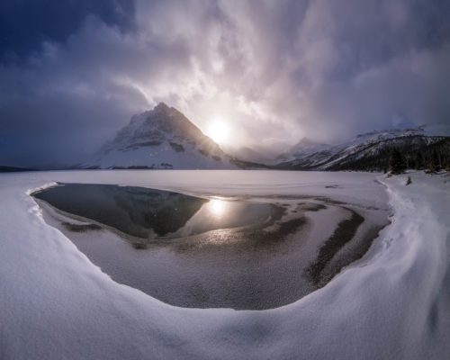 Panoramic stitch of the grand landscape at Bow Lake Bow Lake, Banff, Canada, Canadian Rockies