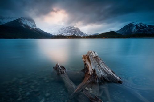 Long exposure at Spray Lakes catching the last of the sunset light Spray Lakes, Kananaskis, Canada