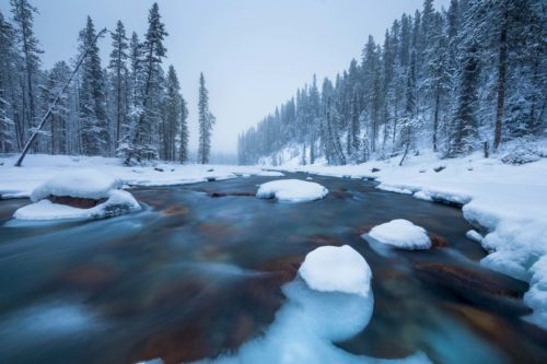 Driving snow along the Sunwapta River in the Canadian Rockies Sunwapta, Jasper, Canada, Canadian Rockies, winter, snow, Icefield Parkway