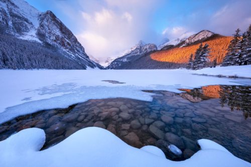 Some open water on Lake Louise in the middle of winter in the Canadian Rockies Lake Louise, Canada, Canadian Rockies, winter
