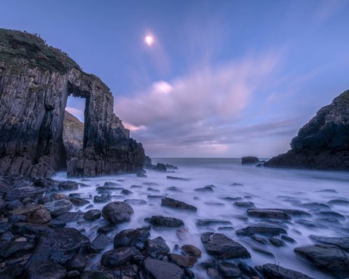 Long exposure catching the moon out on the Pembrokeshire coast Pembrokeshire, Wales