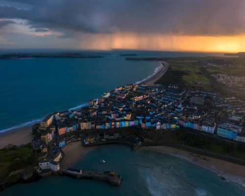 A storm at sunset over the delight town of Tenby in Wales Tenby, Wales, storm