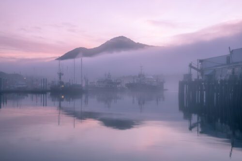 Fog and mountains around the Alaskan town of Petersburg Petersburg, Alaska