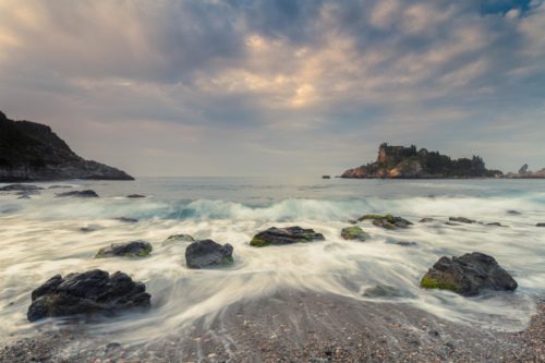 View towards the tiny island paradise of Isola Bella in Sicily Isola Bella, Taormina, Sicily, Sicilia, Italy