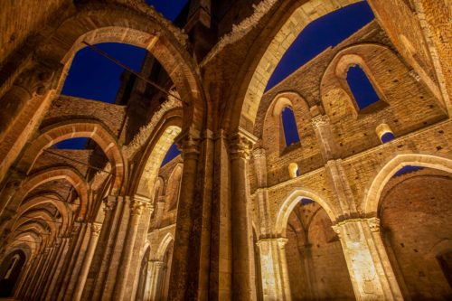 The Abbey of San Galgano by night, Italy's own sword in the stone legend San Galgano, Tuscany, Toscana