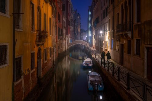 The tranquility of night time along the quiet canals of Venice Canal, Venice, Italy