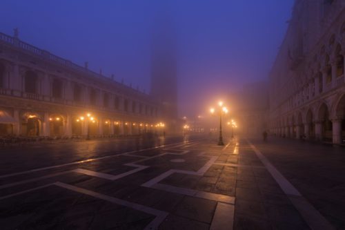 Foggy sunrise in Piazza San Marco with the Campanile rising into the ether Fog, San Marco, St Marks, Piazza San Marco, fog, Venice, Venezia