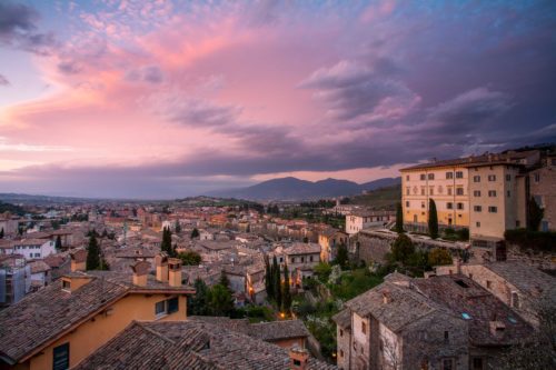 Sunset over the Umbrian town of Spoleto Spoleto, Umbria, Italy