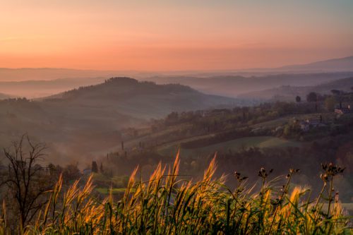 The landscape of the Val d'Elsa from the town of San Gimignano San Gimignano, Tuscany, Toscana, Italy