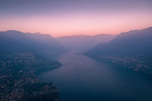 Evening drone flight over Lake Como Como, Italy, Lake Como, Italian Lakes