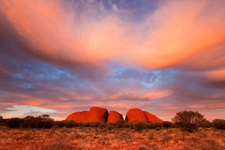 Spectacular sunset glow over Kata Tjuṯa Olgas, Kata Tjuṯa, Northern Territory, sunset