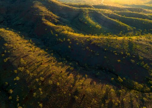 Late afternoon light giving death to the contours and trees of the Pilbara Pilbara, Western Australia
