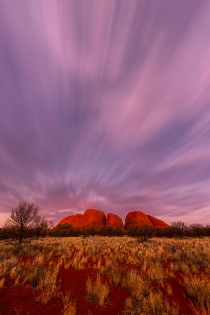 Long exposure catching the cloud movement during a dramatic sunset over Kata Tjuta Olgas, Kata Tjuṯa, Northern Territory, sunset, long exposure