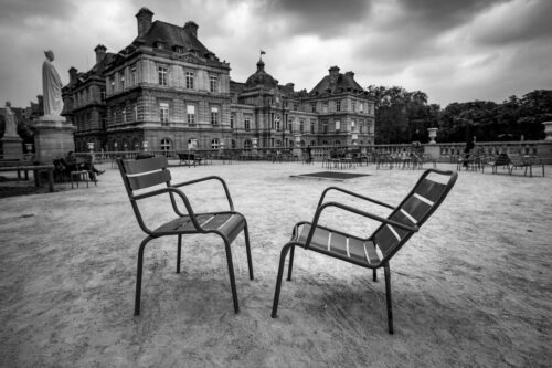 Empty chairs at Jardin du Luxembourg telling a story Jardin du Luxembourg, Paris, black and white