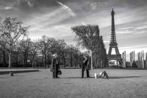 Walking the dogs around the Eiffel Tower Paris, black and white, Eiffel Tower, Tour Eiffel