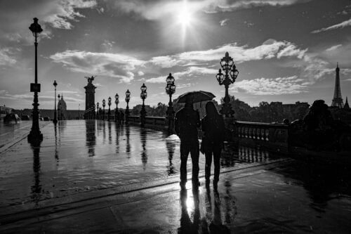 Just like the Woody Allen movie Paris, Pont Alexandre, Eiffel Tower, black and white, rain, umbrellas