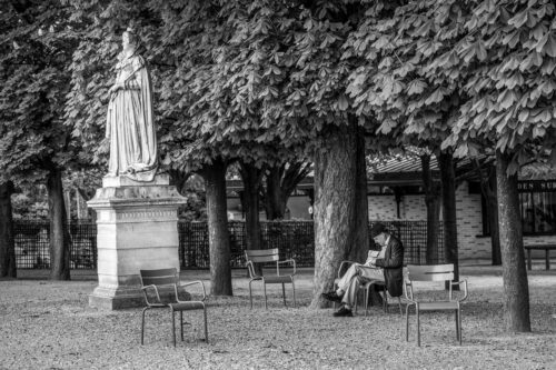 An afternoon at Parisian's most popular gardens Jardin du Luxembourg, Paris, black and white