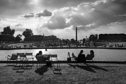 Enjoying the view from Tuileries on a fine day Tuileries, Paris, black and white