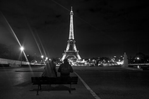 Meeting place with a view of the Eiffel Tower Trocadero, Eiffel Tower, tour Eiffel, Paris, night, black and white