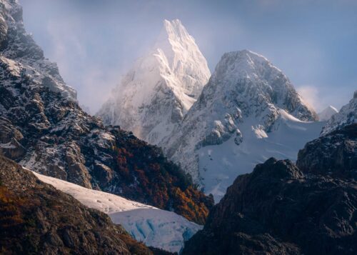 Exploring the Chilean fiords by boat one is surrounded by many impressive peaks Chilean fiords, Chile, Patagonia