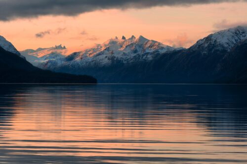 Peaks reflected in the Chilean fiords Chilean fiords, Chile, Patagonia, Coyhaique