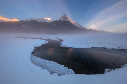 Sunset in Jasper NP with some low lying fog Medicine lake, Jasper, Canadian Rockies, Canada