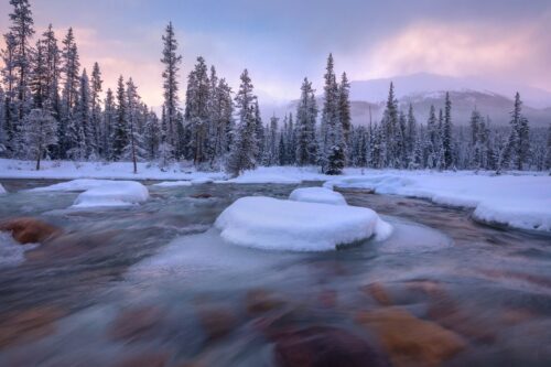 Clearing snow storms revealing the beauty of the Sunwapta river Jasper, Canadian rockies, Canada, Sunwapta, Icefield Parkway