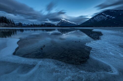 The ever popular Vermillion Lakes after sunset in winter Vermillion Lakes, Banff, Canada, winter, Canadian Rockies