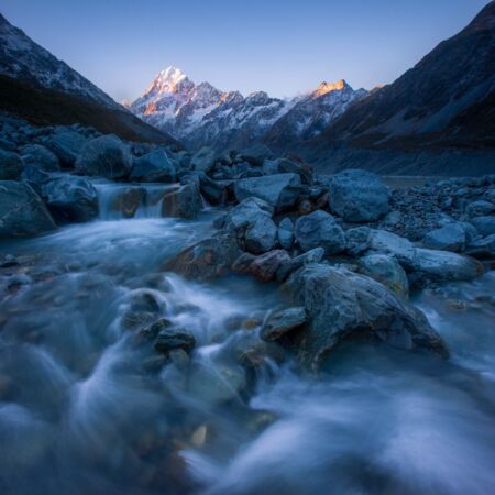 Sunset on a clear day over Aoraki/Mount Cook Hooker Lake, Mount Cook, Aoraki, New Zealand