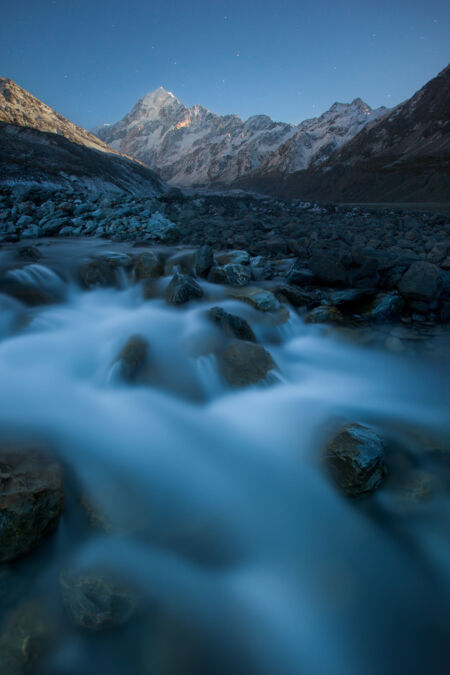 The mighty peak of Aoraki Mount Cook shining in the moonlight Aoraki, night photography, moonlight, Mount Cook, New Zealand