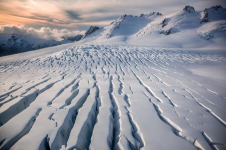 Aerial view of the amazing glaciated landscapes of the southern alps of New Zealand glacier, Fox Glacier, southern alps, New Zealand