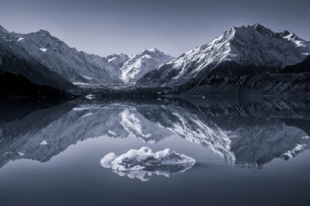 Blue sky day at Tasman Lake Tasman Lake, Mount Cook NP, Aoraki, New Zealand