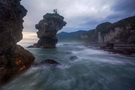 The wild west coast of New Zealand on a brooding morning New Zealand, Greymouth, Motukiekie