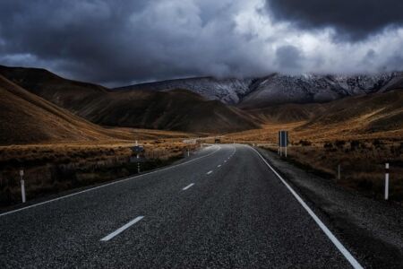 Fresh coat of snow in the Lindis Pass during winter Lindis Pass, New Zealand