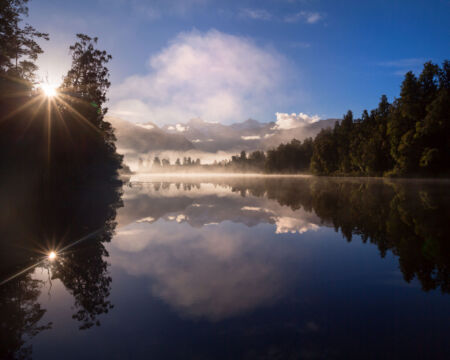 An irresistible morning of fog, light and pristine mountain scenery Lake Matheson, New Zealand, reflection, fog, Fox Glacier
