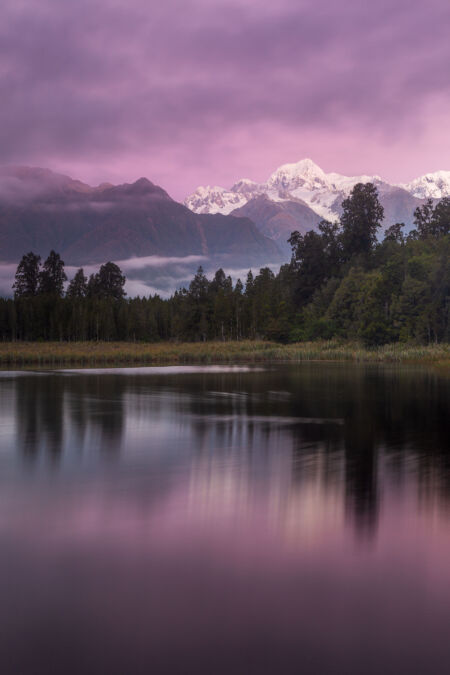 Purple twilight at Lake Matheson Lake Matheson, New Zealand