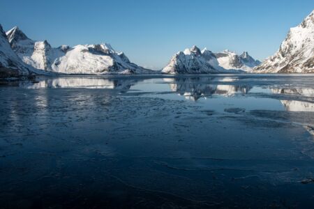 Blue sky and windless winter day on Lofoten Lofoten, Norway, winter