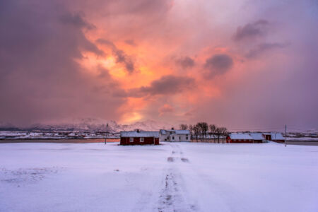A burning sunrise in Lofoten Norway, Lofoten, Leknes, winter