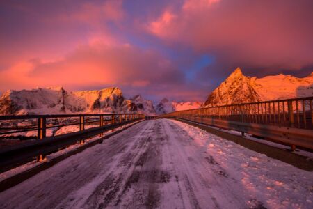 Sunrise from The Atlantic Ocean Road on Lofoten Norway, Lofoten, Hamnoy