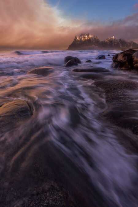The mountains meeting the ocean at Uttakleiv Uttakleiv, Lofoten, Norway